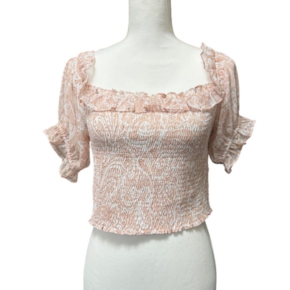 Express Tops - Express Smocked Peasant Blouse Crop Top Pink Paisley Ruffle Cottagecore M